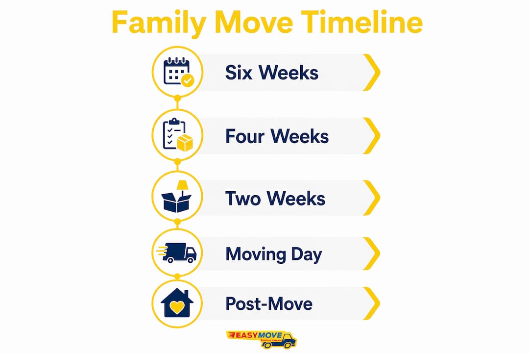 Infographic showing family moving timeline steps from six weeks to post-move