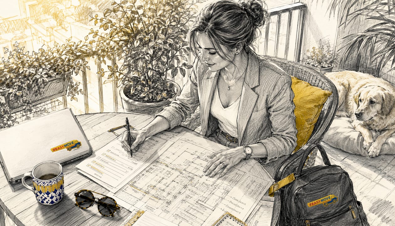 Woman planning adapted move at home desk