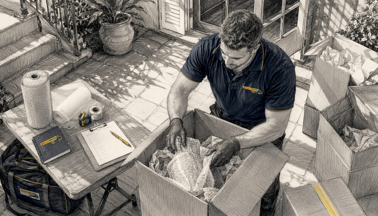 How to find last-minute moving help in Australia 2 Licensed mover packing fragile items in apartment