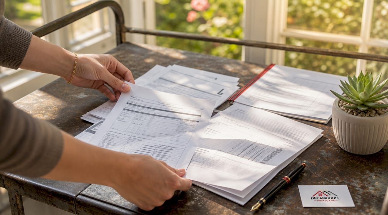 Hands sorting self-employed mortgage documents on desk