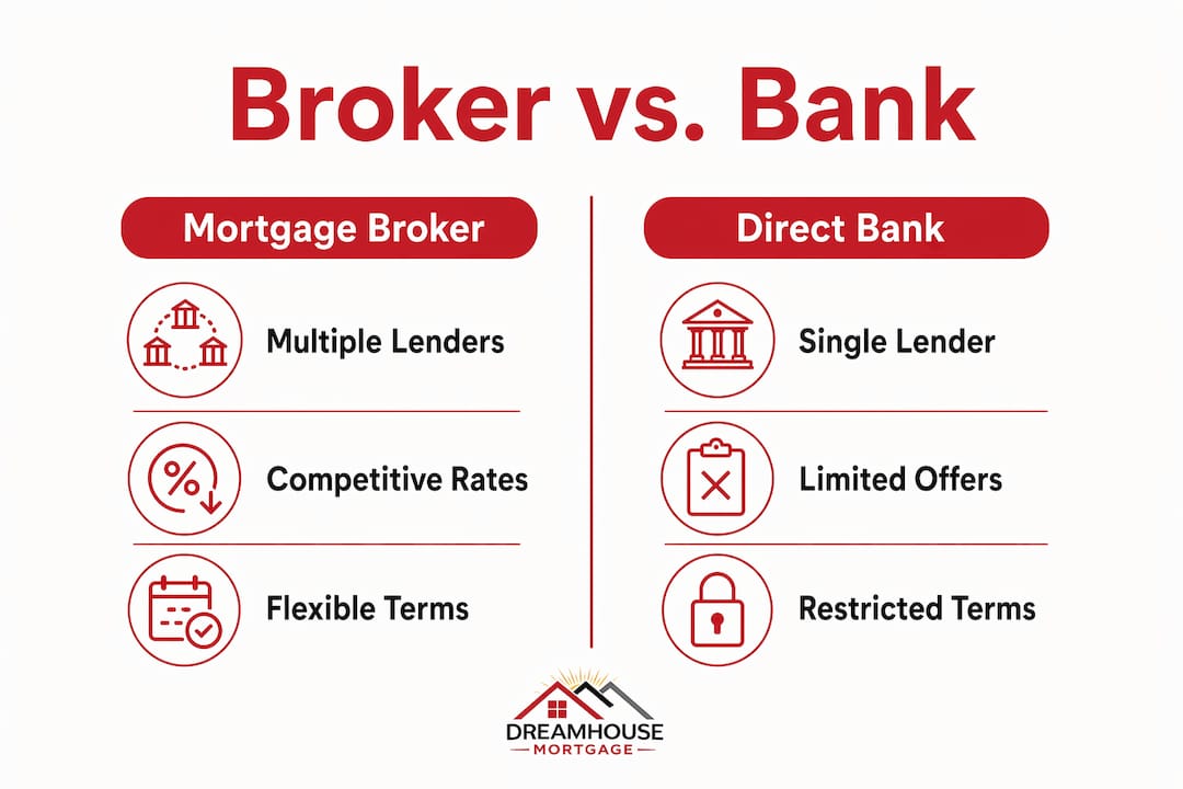 ROLE OF MORTGAGE BROKER AT RENEWAL: 2026 GUIDE 1 Infographic comparing mortgage broker and bank renewals