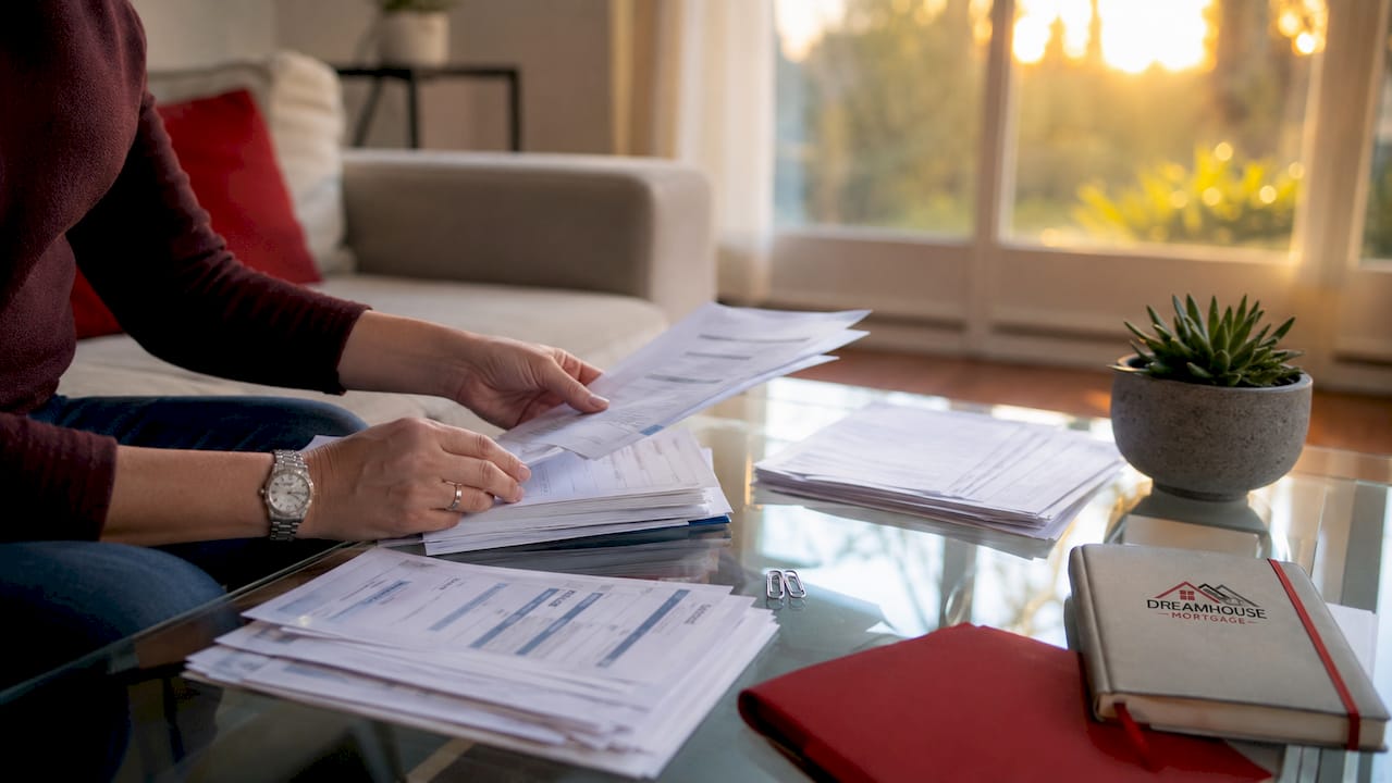 MORTGAGE PRE-APPROVAL PROCESS EXPLAINED FOR ALBERTA BUYERS 1 Hands organizing mortgage documents on desk