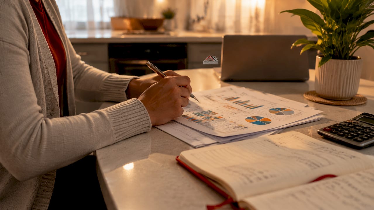 Hands calculating mortgage income and debt ratios