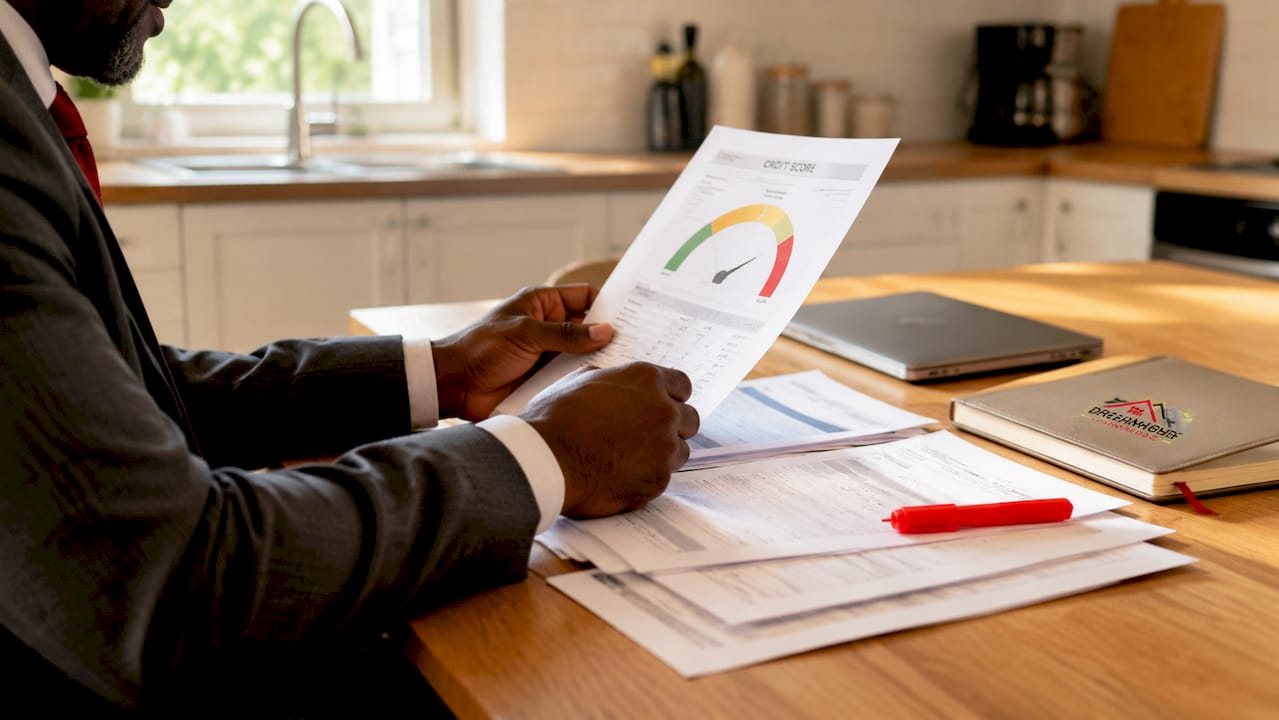 Hands typing with credit score papers nearby