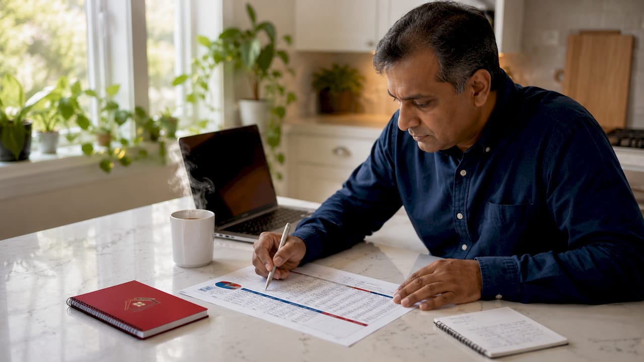 Hands pointing to mortgage payment details on paper