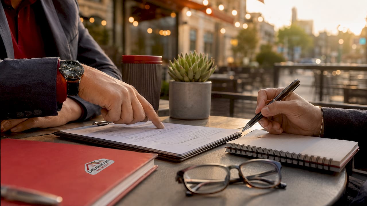 Hands discussing mortgage document details
