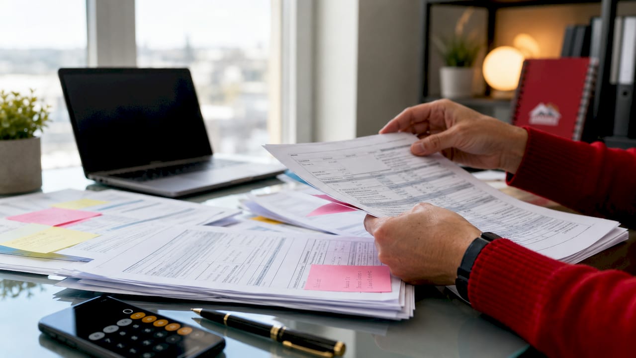Hands sorting mortgage income documents