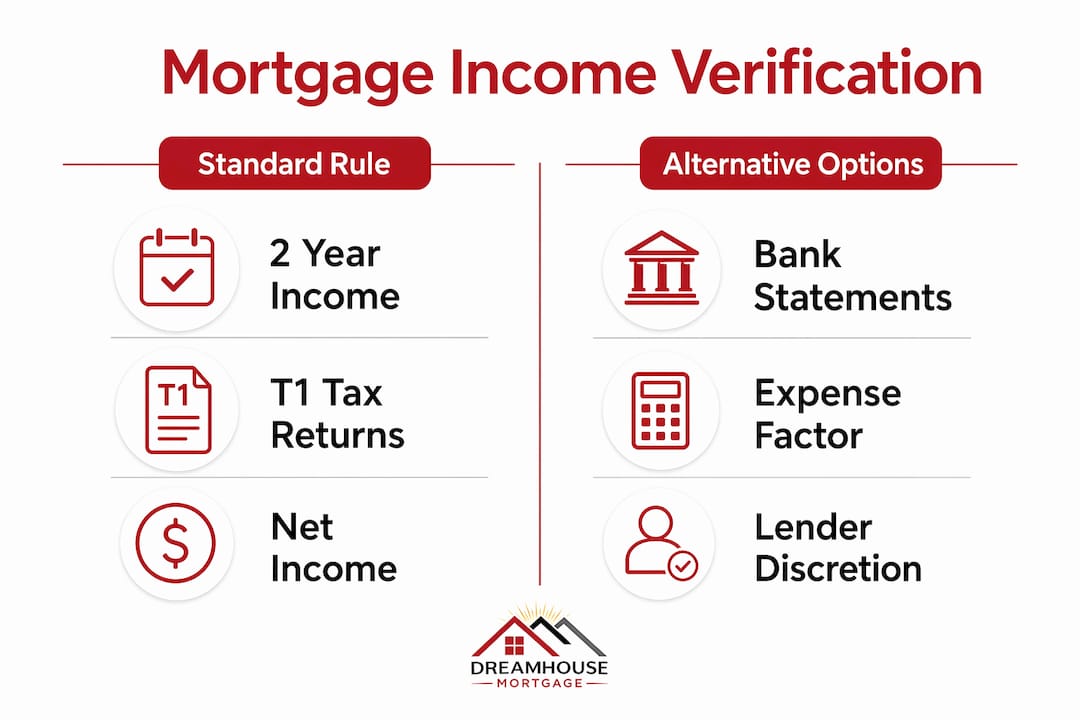 TWO YEAR SELF EMPLOYMENT MORTGAGE RULE: 2026 ALBERTA GUIDE 2 Infographic comparing mortgage income verification methods