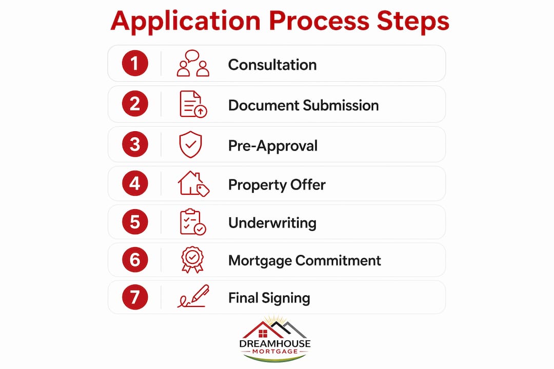 MORTGAGE BROKER APPLICATION PROCESS STEPS: ALBERTA GUIDE 1 Infographic outlining mortgage application steps