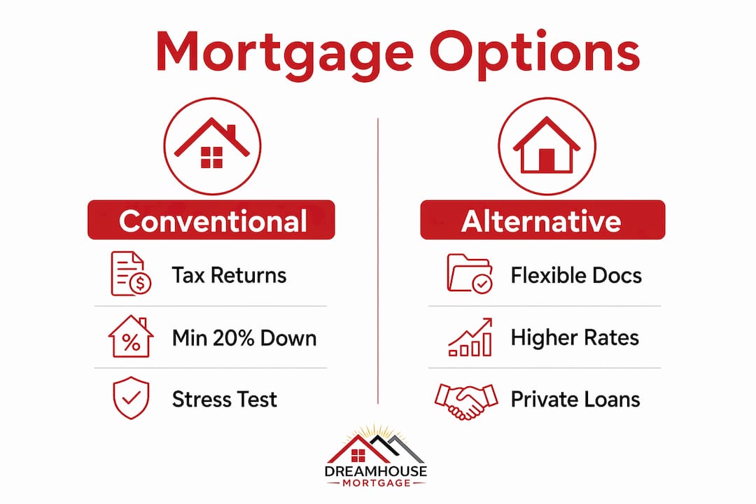 SELF EMPLOYED LENDER COMPARISON GUIDE FOR ALBERTA BORROWERS 2 Infographic comparing conventional and alternative mortgages