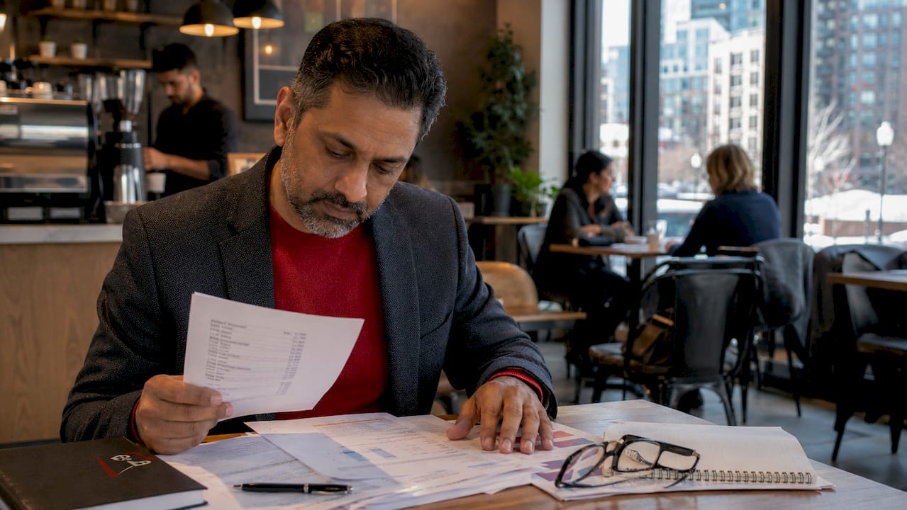 Hands organizing income documents on desk