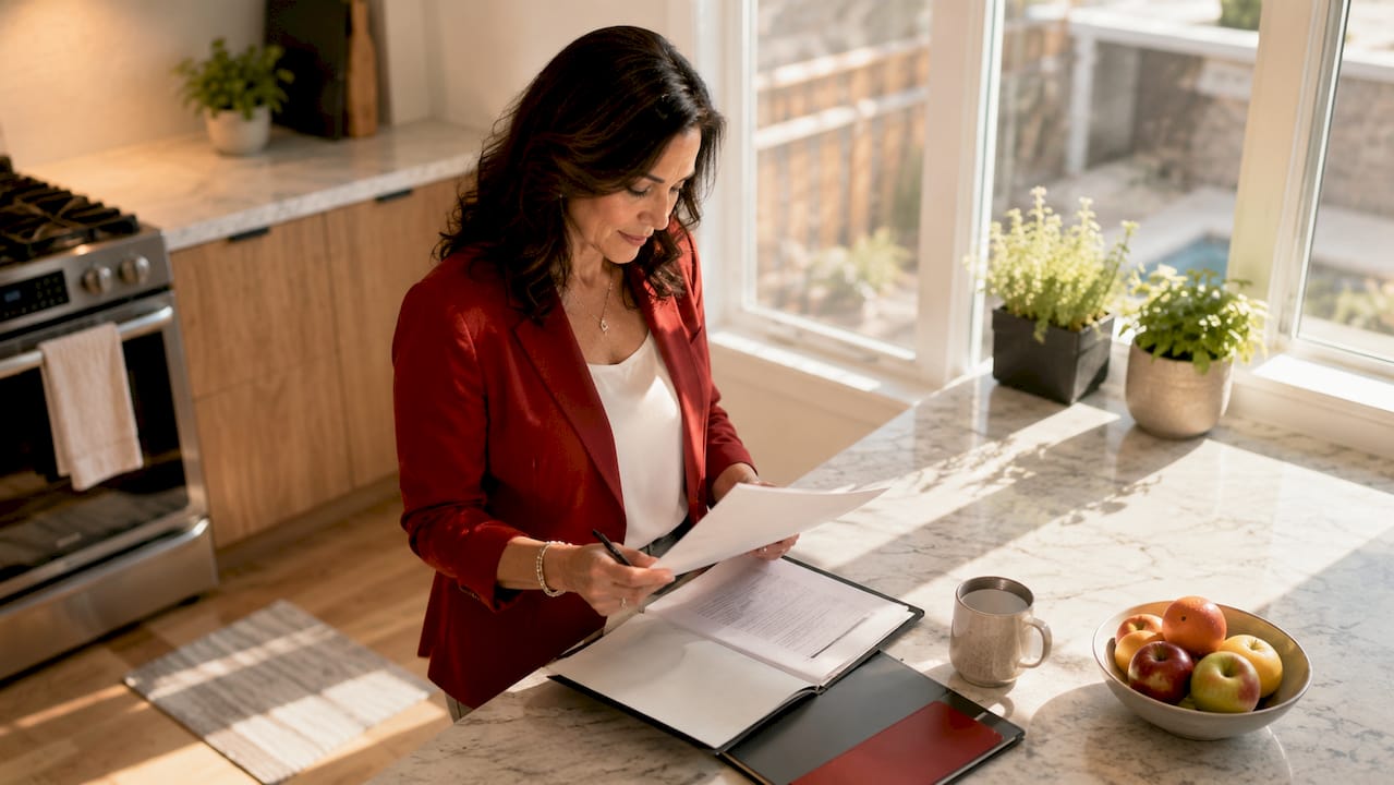 Mortgage broker reviewing documents in modern office