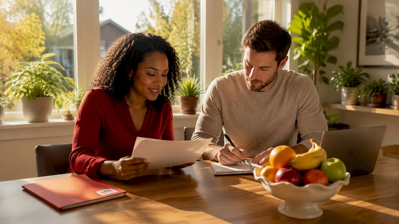 Diverse couple reviewing mortgage eligibility papers at kitchen table