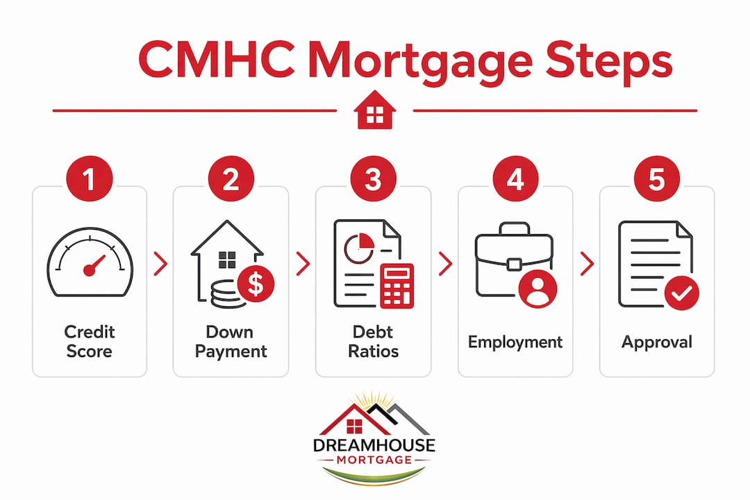 MINIMUM CREDIT SCORE FOR CMHC INSURED MORTGAGE ALBERTA 2 Infographic outlining CMHC mortgage qualification steps in Alberta