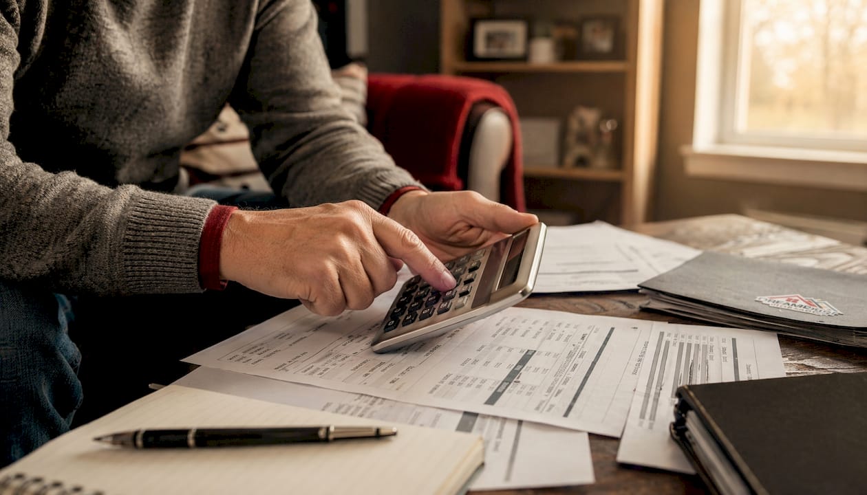 CMHC MORTGAGE INSURANCE PREMIUMS IN ALBERTA EXPLAINED 1 Hands using calculator on mortgage papers