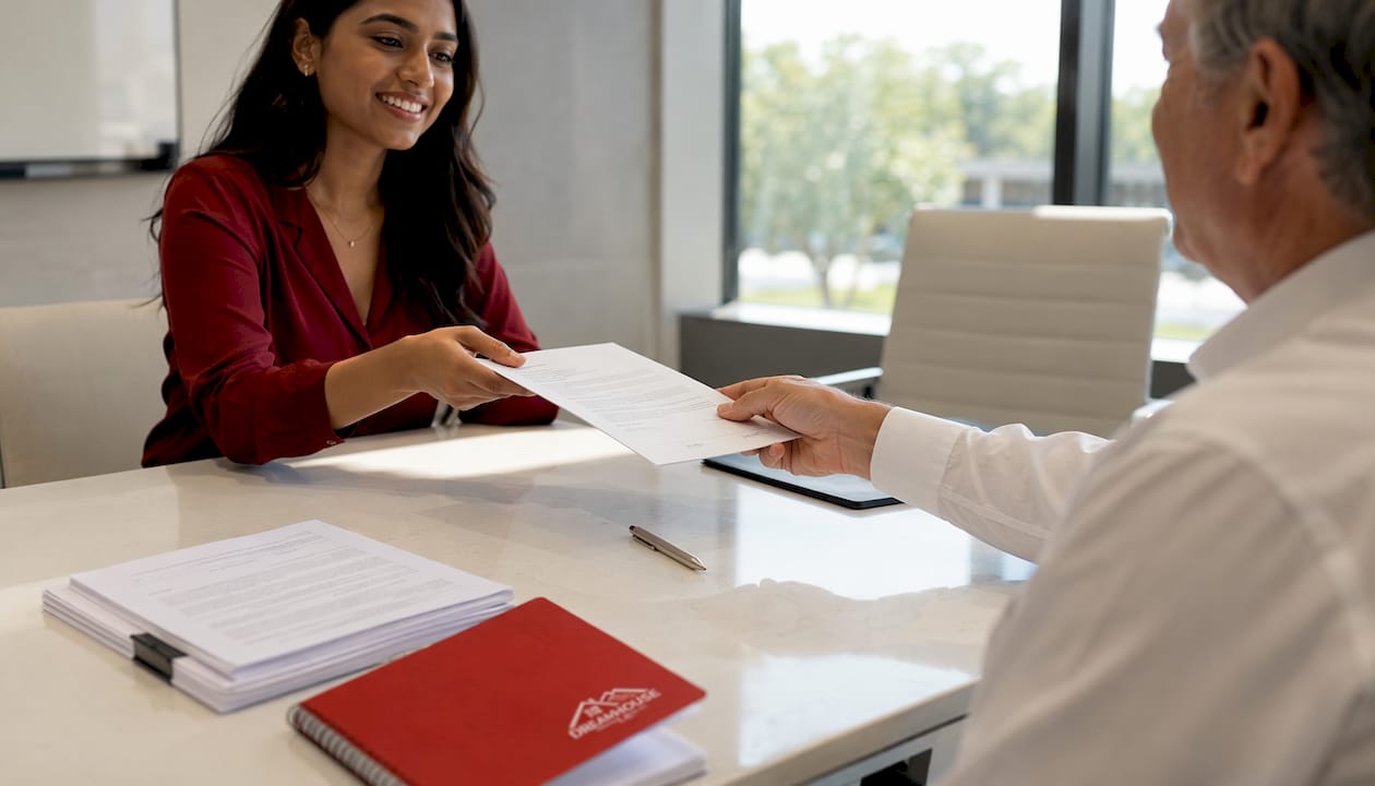 Hands exchanging signed gifted funds letter on desk