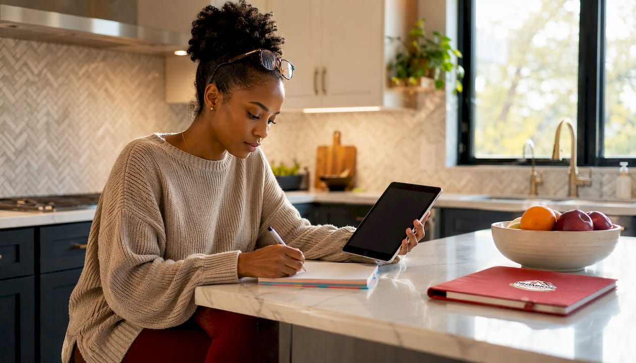 Homebuyer calculating down payment notes on couch