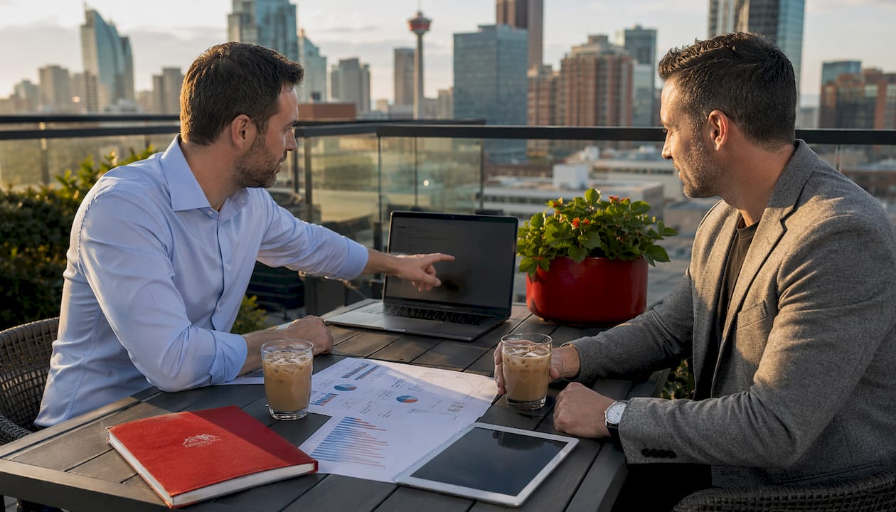 Two men discussing real estate investments outdoors