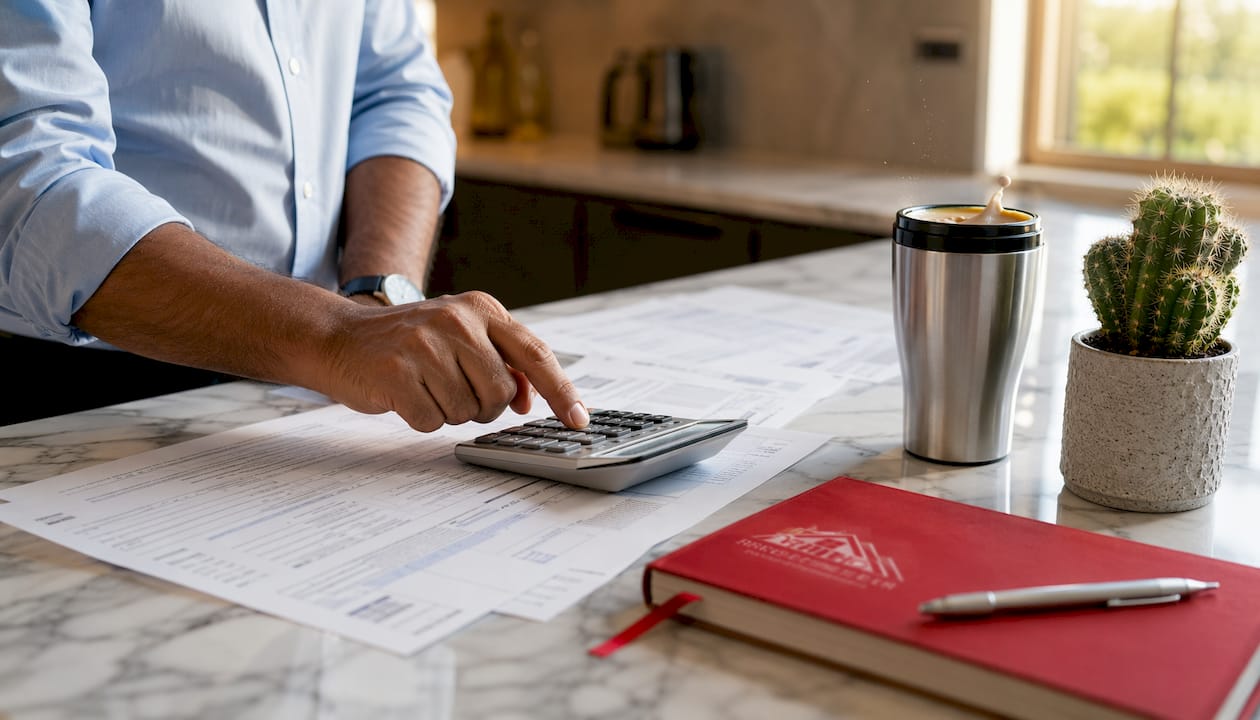 Close-up of hands using calculator on mortgage risks