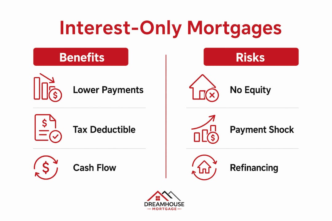 Infographic comparing benefits and risks of interest-only mortgages