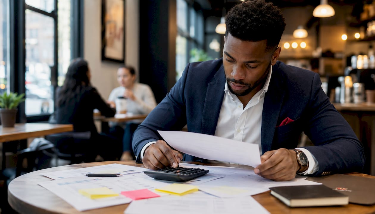 Mortgage officer calculating debt service coverage ratio