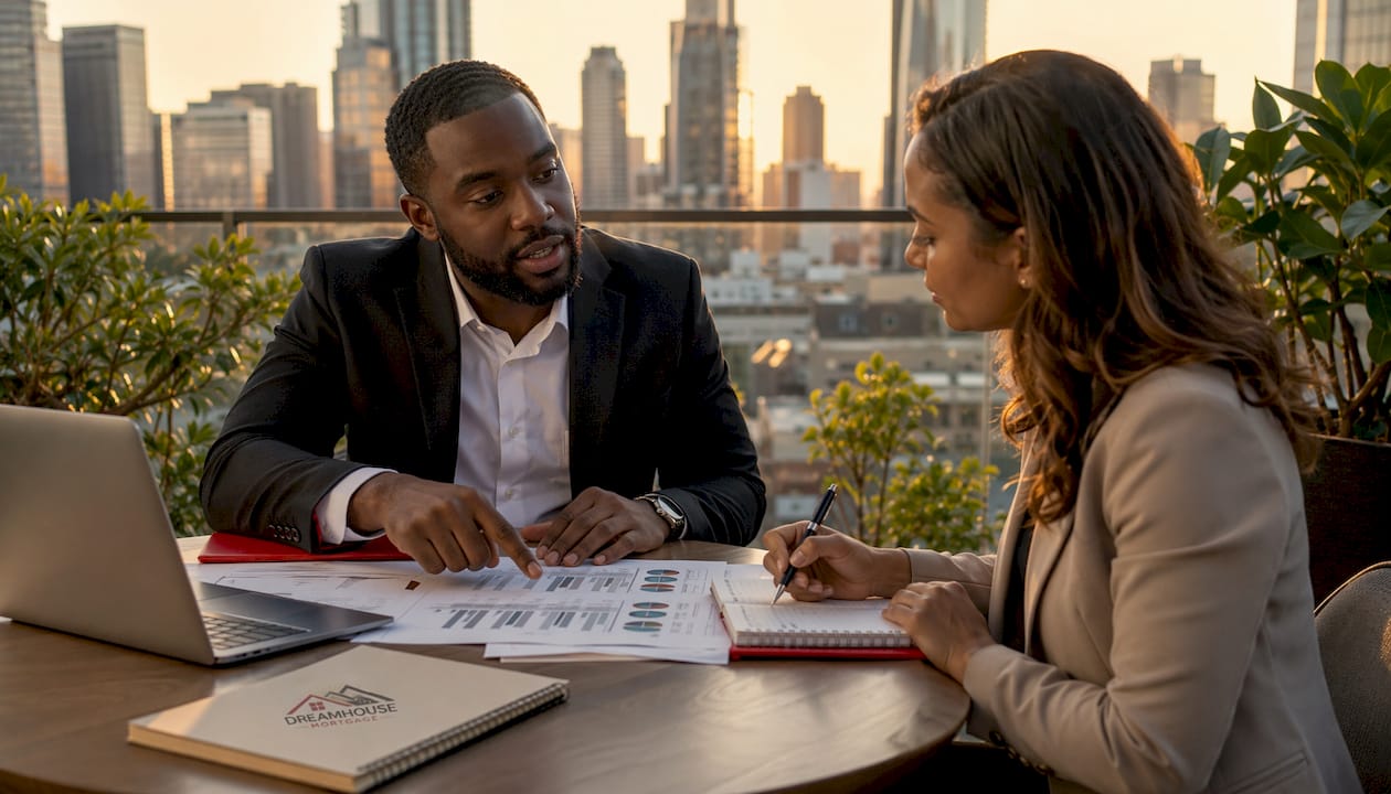 Mortgage broker explaining commercial underwriting to client