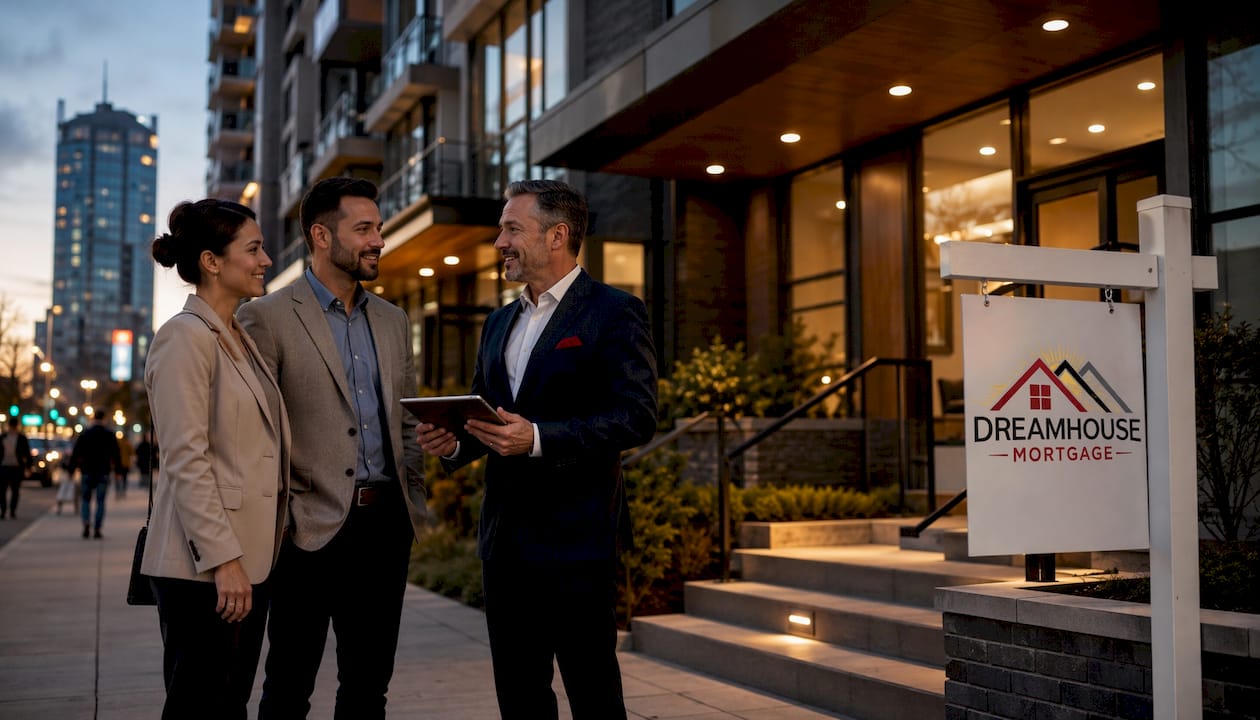 Couple discussing mortgage port with realtor outdoors