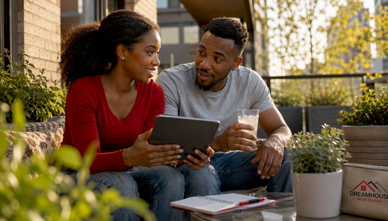 Couple reviewing mortgage credit checks at home