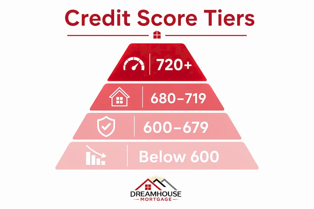 Infographic illustrating Canadian credit score tiers for mortgage