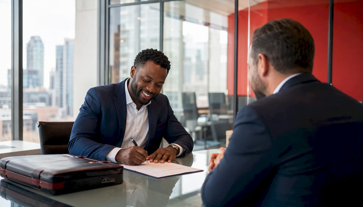 Man signing closed mortgage contract in office