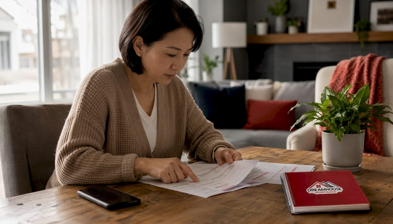 Hands reviewing open mortgage papers at home
