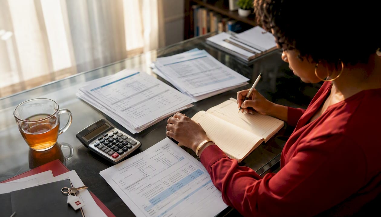 Investor calculating rental income at home table