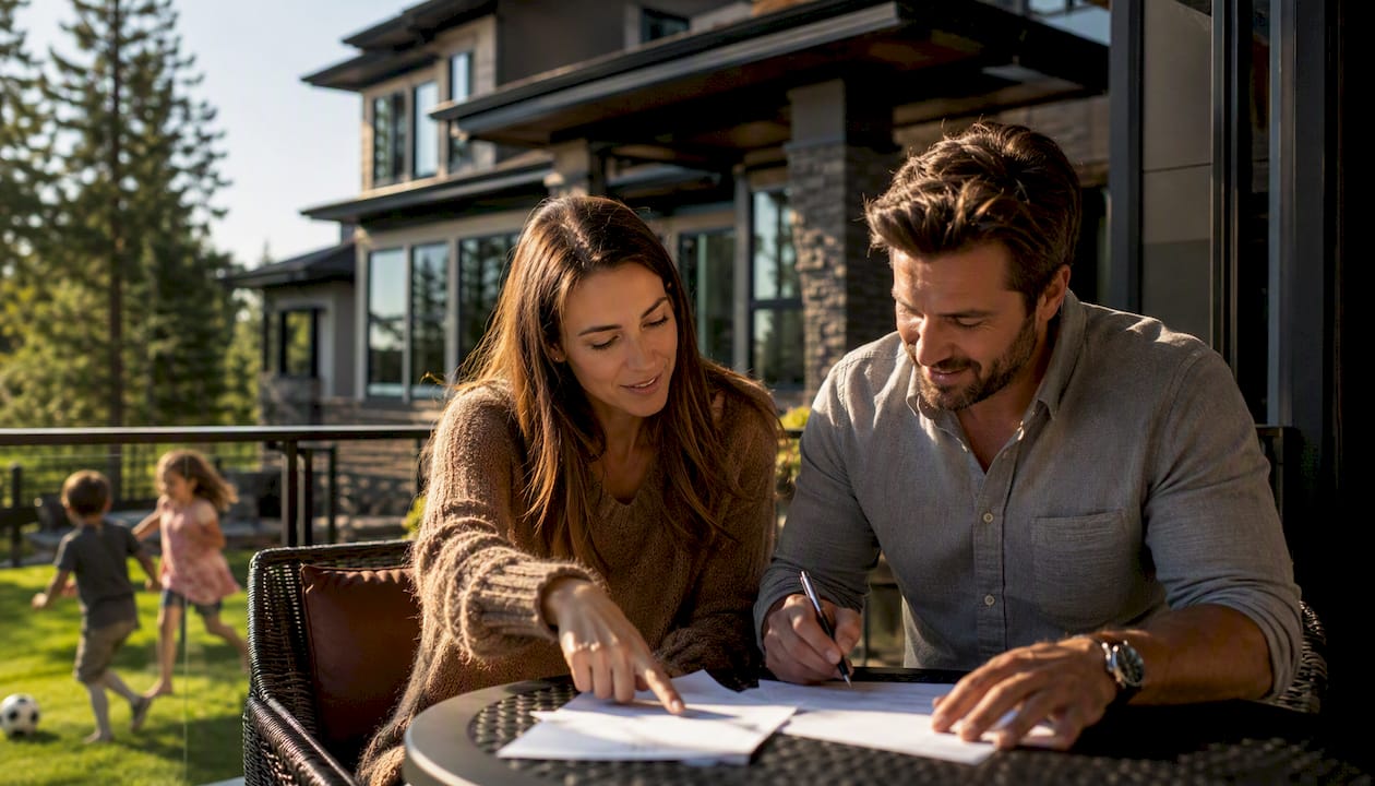 Couple signing mortgage documents outside home