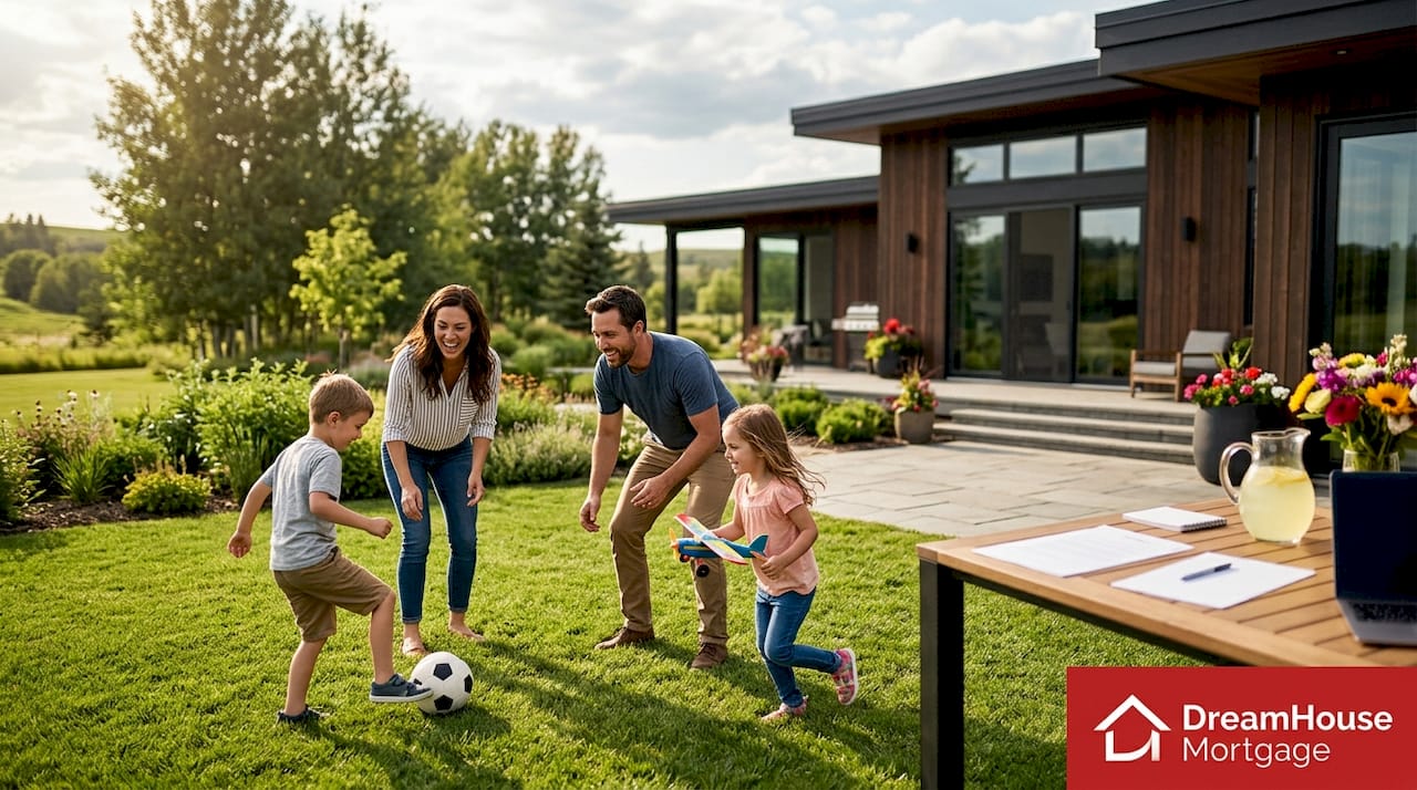 Couple planning taxes outdoors at luxury home patio