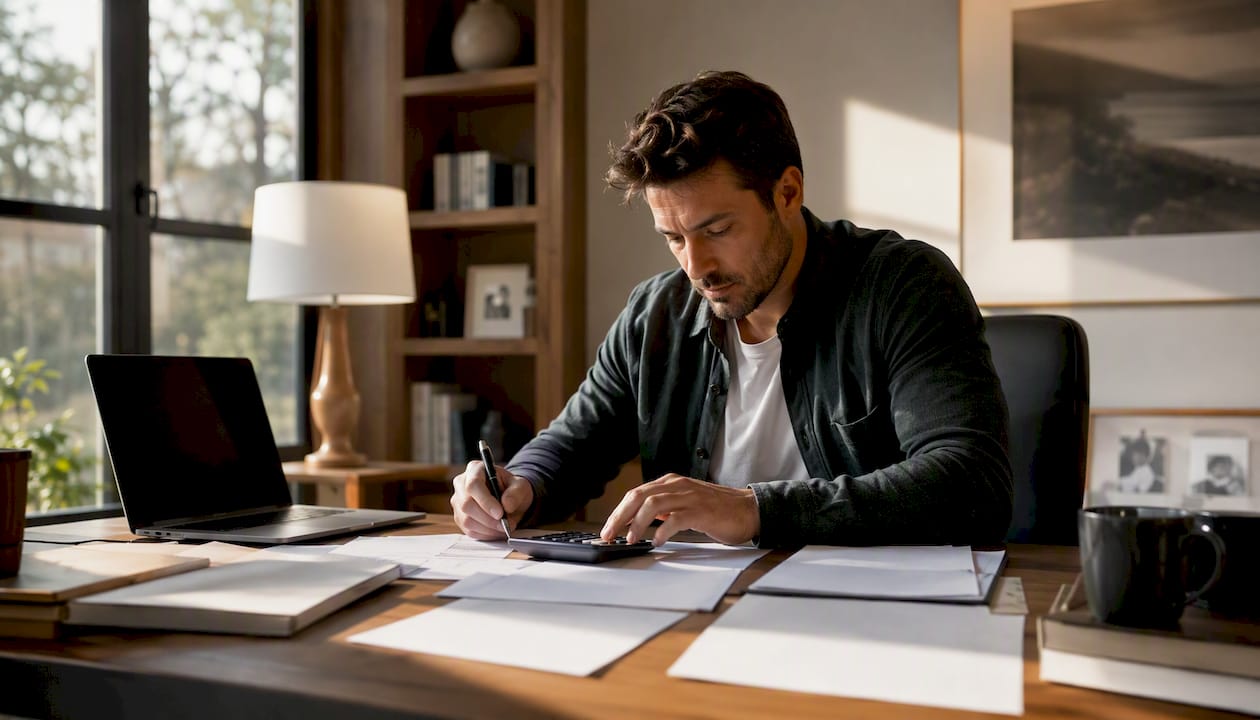 Self-employed person calculating income at home office
