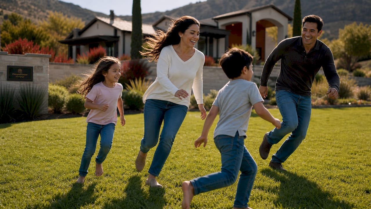 Family playing catch on luxury home lawn