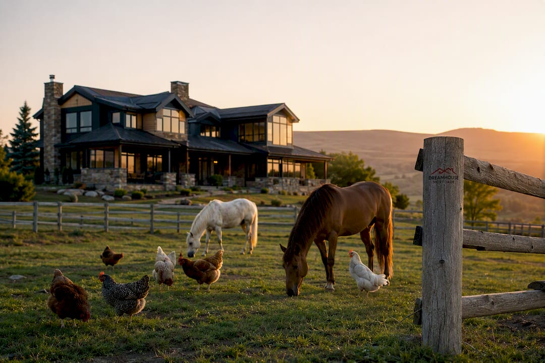 Calgary luxury acreage home exterior with horses