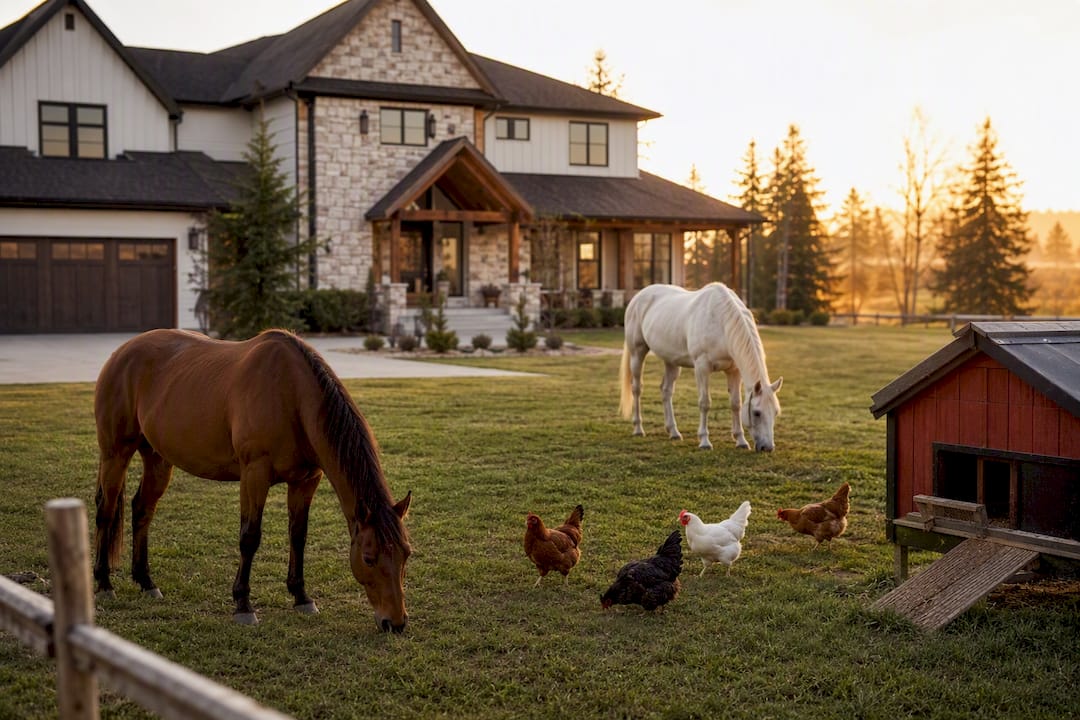 Alberta acreage home yard with horses and chickens
