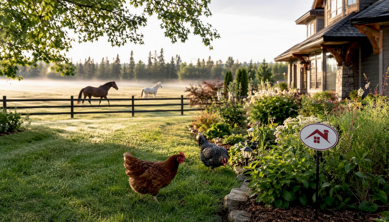 Luxury acreage garden with horses and chickens