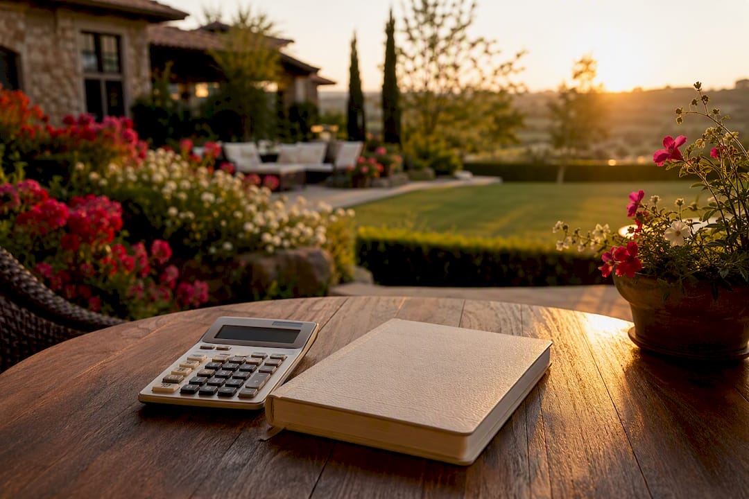 Luxury home equity calculations on patio table