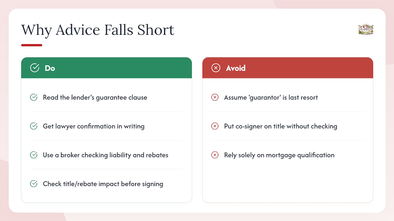 FIRST MISSED PAYMENT CAN MAKE YOU LIABLE: CO-SIGNER VS GUARANTOR IN CALGARY 2 Why the Standard Advice on Co-Signing Falls Short — overview diagram