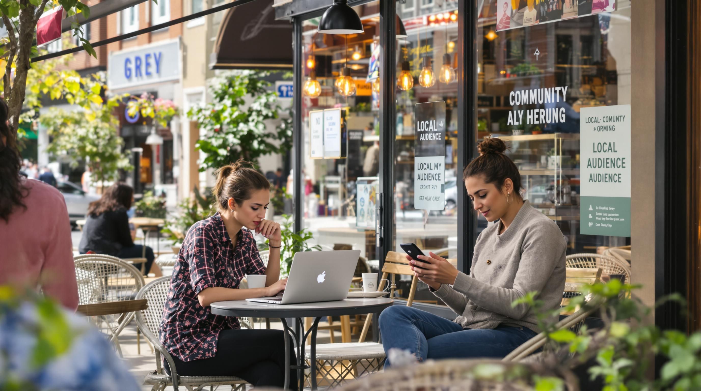 Small business owner and customers with phones showing local marketing prompt