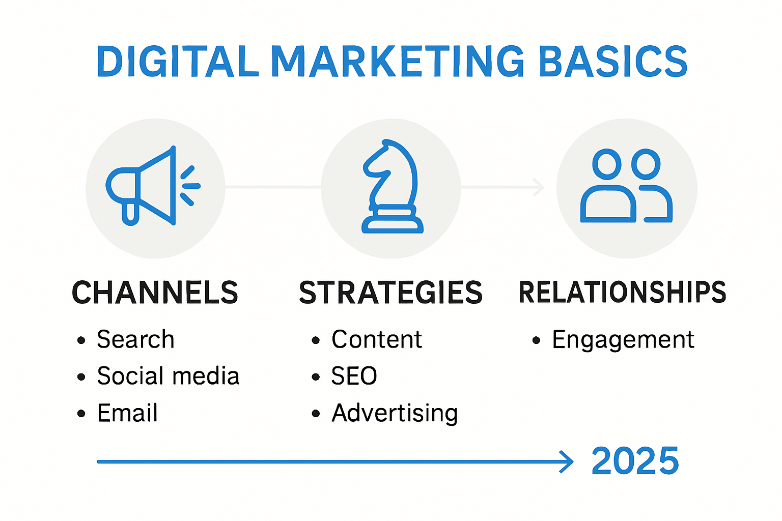 Infographic showing digital marketing basics and main channels in 2025