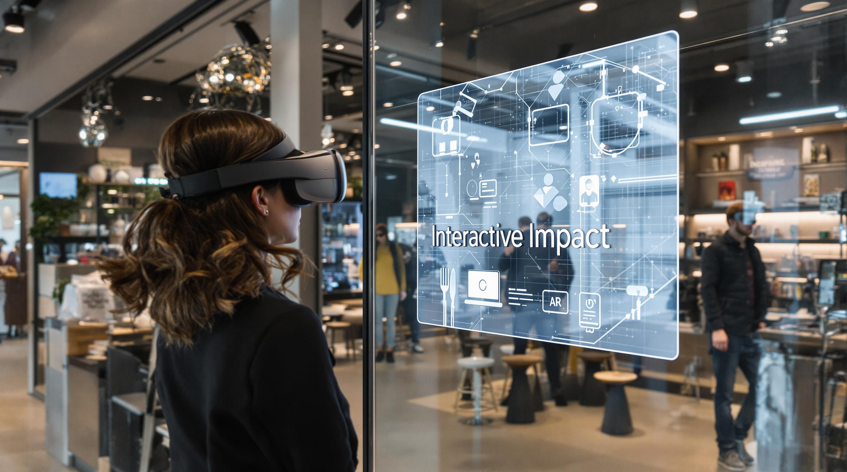 Customer exploring AR/VR marketing demo with 'Interactive Impact' on display