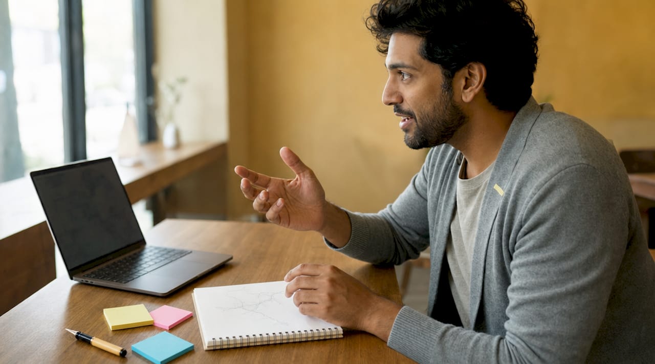 Overhead shot of man drawing and explaining study route