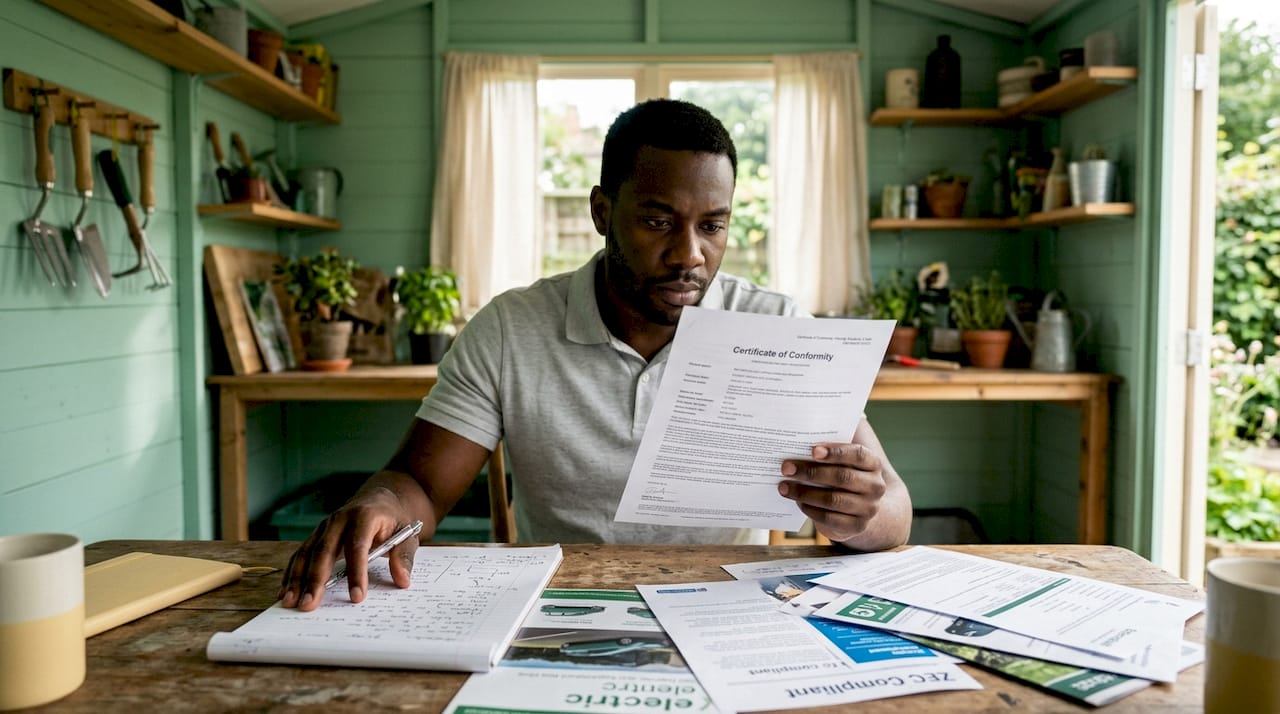 Man reviewing zero emission vehicle documents indoors