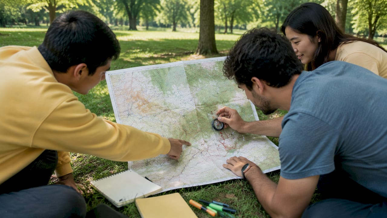 Hands pointing at topographical map during TfL training