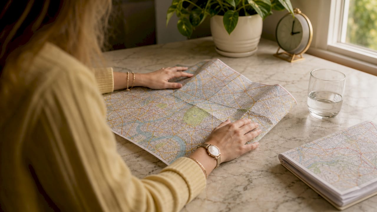 Close-up hands using magnifying glass on map