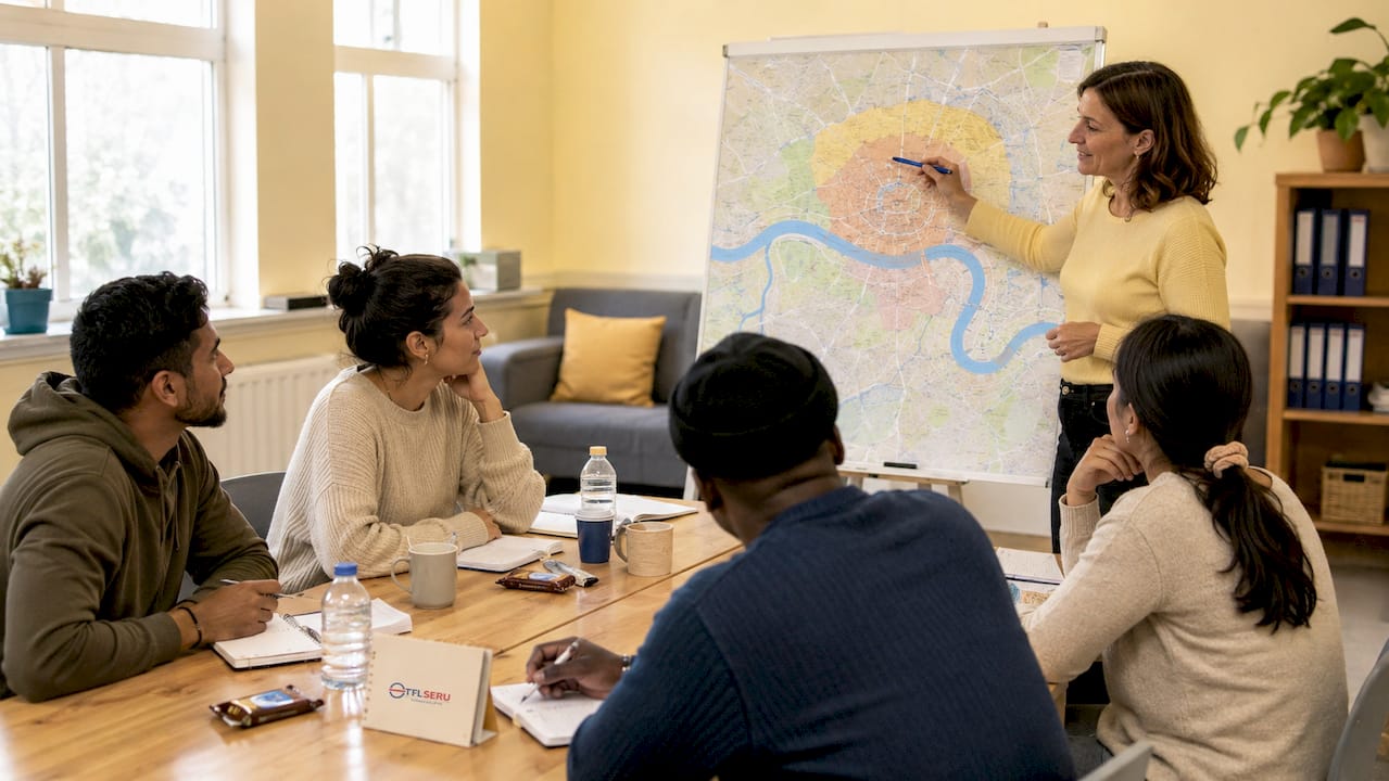 Driving instructor teaching topographical skills to students