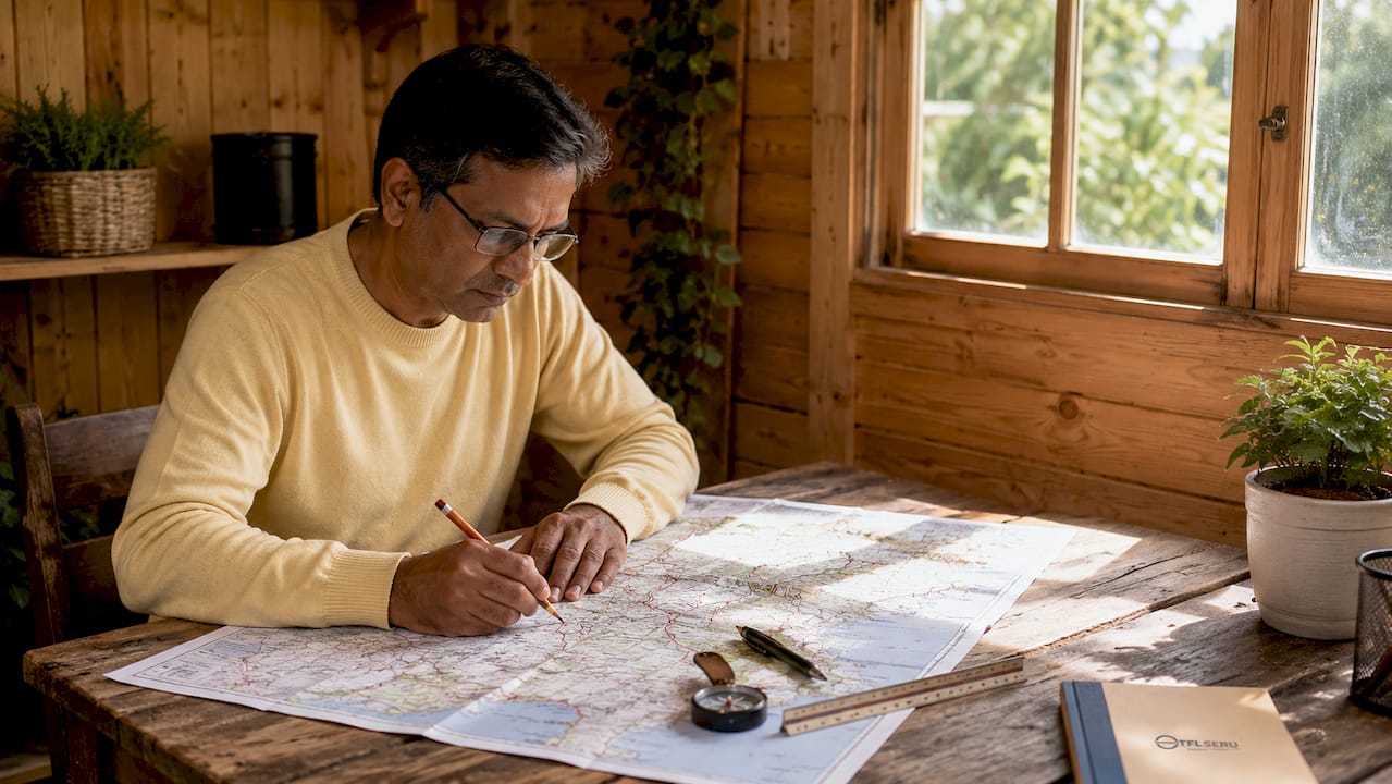 Man plotting route on map in TfL test room